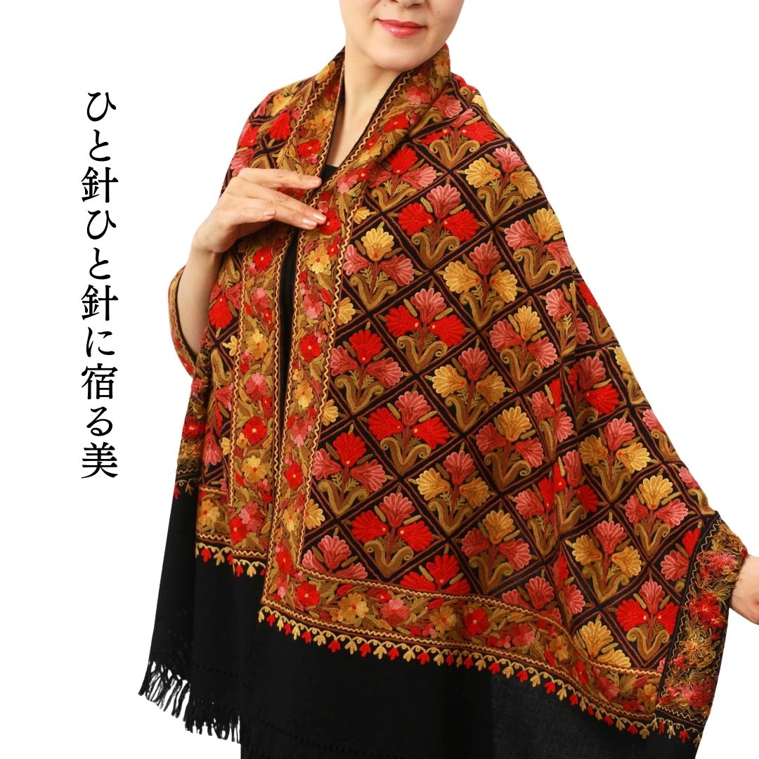 InDream アーリ刺繍ストール 黒 ブラック 08 母の日 ギフト おしゃれ 誕生日 プレゼント 着物ショール 春 秋 冬 50代 60代 70代 80代