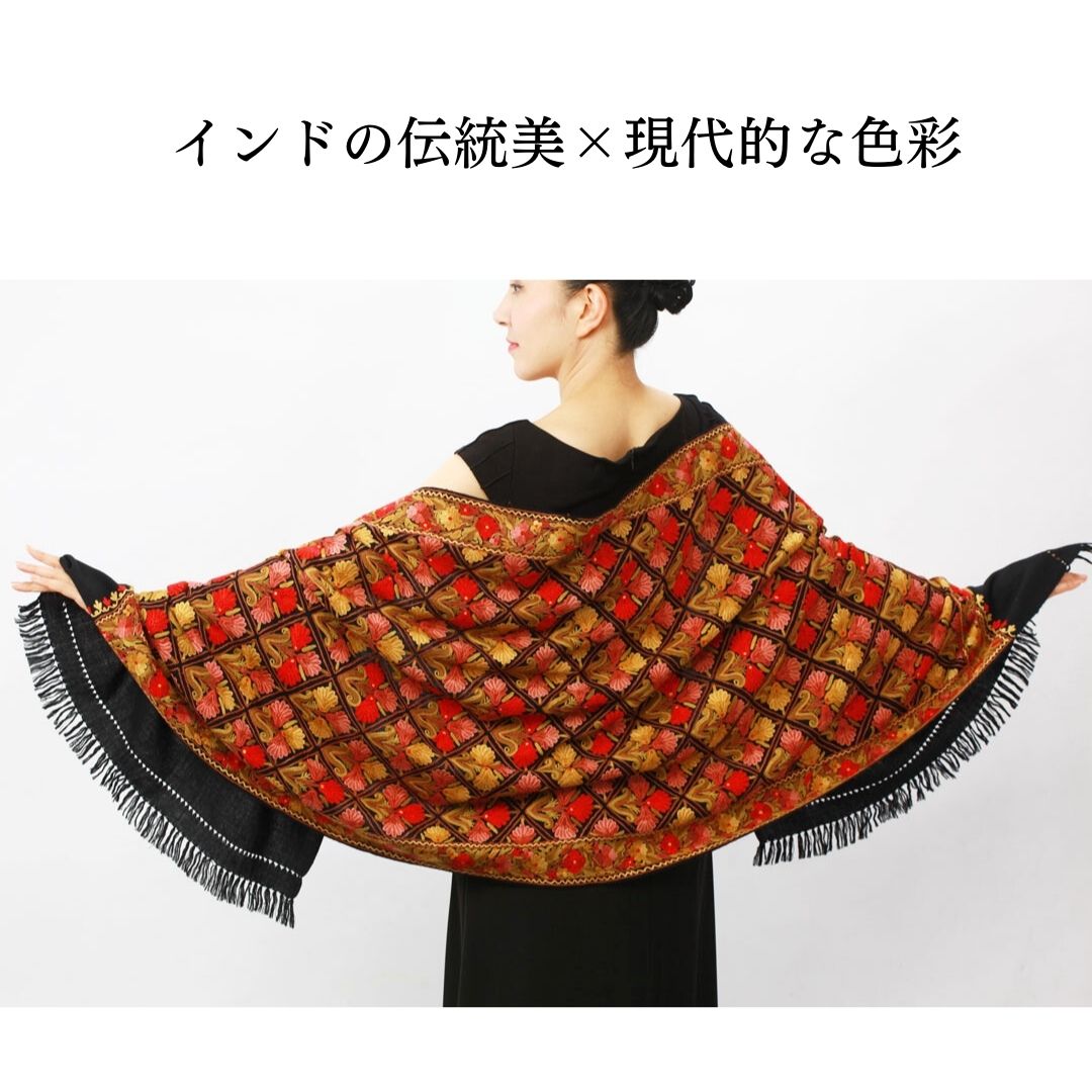 InDream アーリ刺繍ストール 黒 ブラック 08 母の日 ギフト おしゃれ 誕生日 プレゼント 着物ショール 春 秋 冬 50代 60代 70代 80代