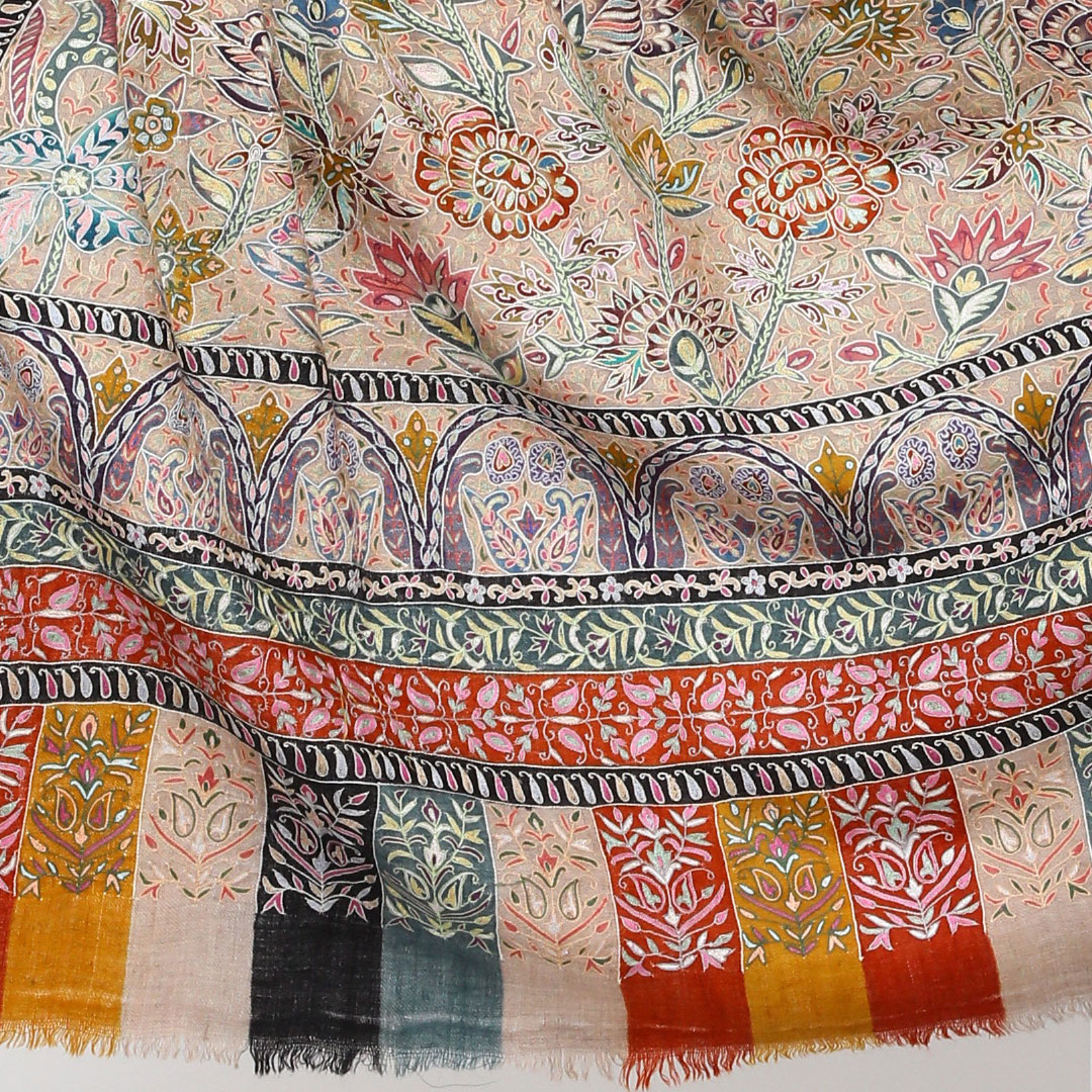 InDream パシュミナ カラムカリ 刺繍 ショール ［100cmx200cm］ ベージュ  ストール 大判 ショール カシミヤ 100% 春 秋 冬 誕生日 プレゼント クリスマス ギフト 50代 60代 70代 80代 おしゃれ ひざ掛け 結婚式 パーティー