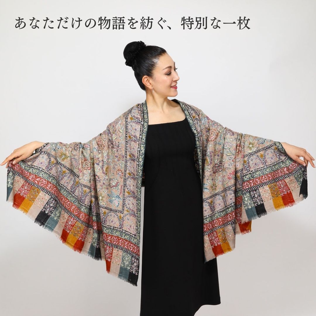 InDream パシュミナ カラムカリ 刺繍 ショール ［100cmx200cm］ ベージュ  ストール 大判 ショール カシミヤ 100% 春 秋 冬 誕生日 プレゼント クリスマス ギフト 50代 60代 70代 80代 おしゃれ ひざ掛け 結婚式 パーティー