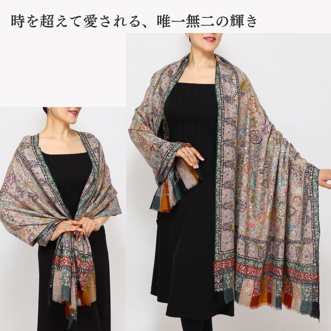 InDream パシュミナ カラムカリ 刺繍 ショール ［100cmx200cm］ ベージュ  ストール 大判 ショール カシミヤ 100% 春 秋 冬 誕生日 プレゼント クリスマス ギフト 50代 60代 70代 80代 おしゃれ ひざ掛け 結婚式 パーティー