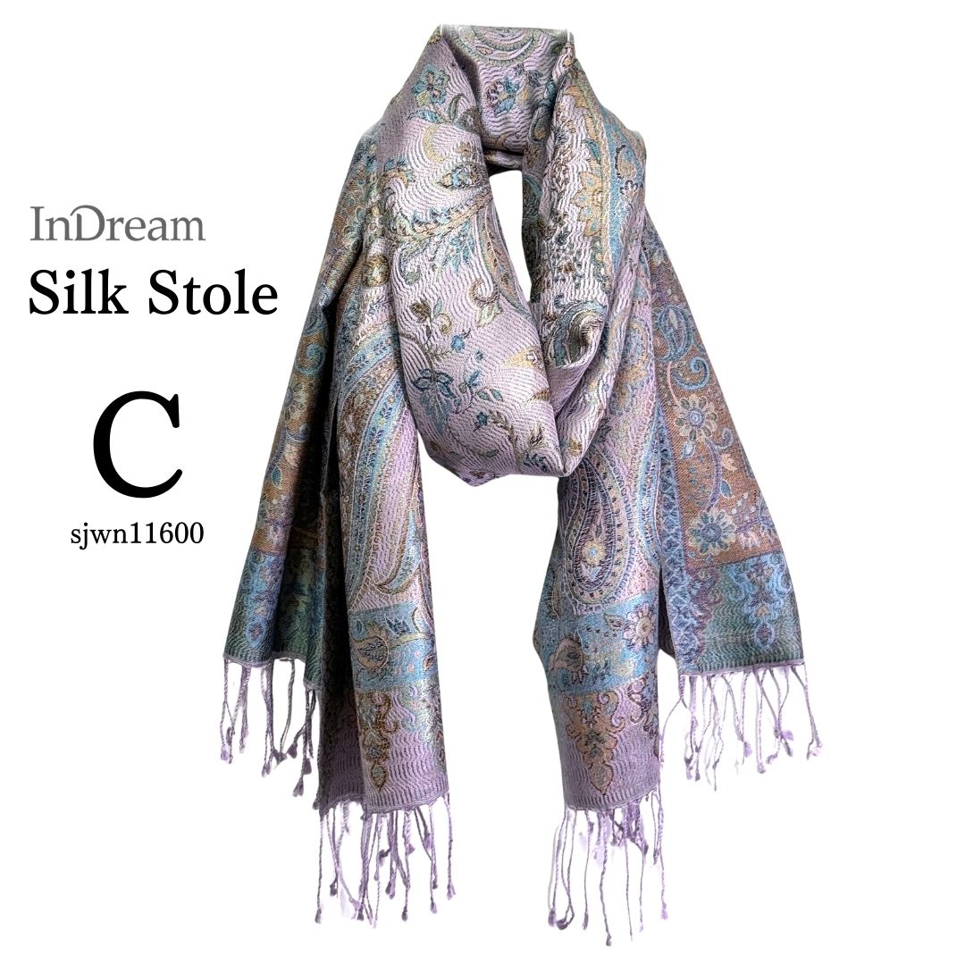 InDream ペイズリー柄 シルク ストール 大判 70cmx200cm 紫/パープル 春 秋冬 古希 お祝い 母の日 ギフト おしゃれ 誕生日 プレゼント おしゃれ 50代 60代 70代 80代