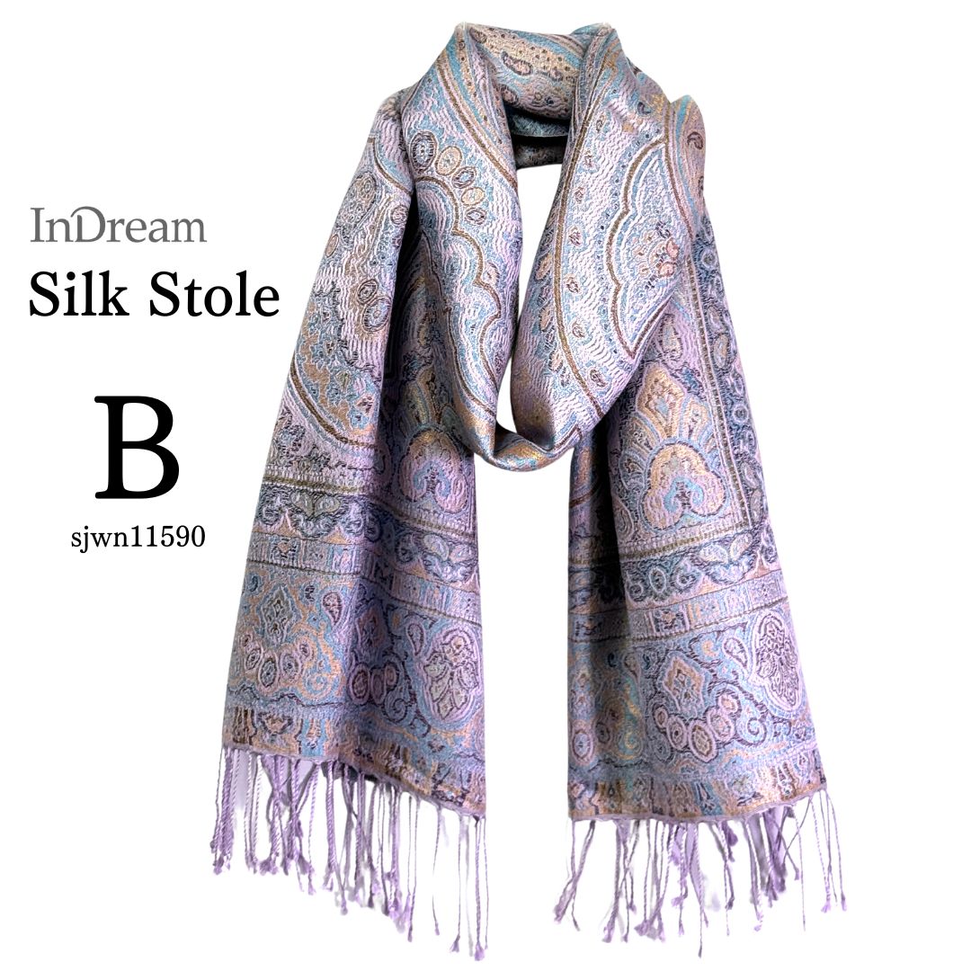 InDream ペイズリー柄 シルク ストール 大判 70cmx200cm 紫/パープル 春 秋冬 古希 お祝い 母の日 ギフト おしゃれ 誕生日 プレゼント おしゃれ 50代 60代 70代 80代