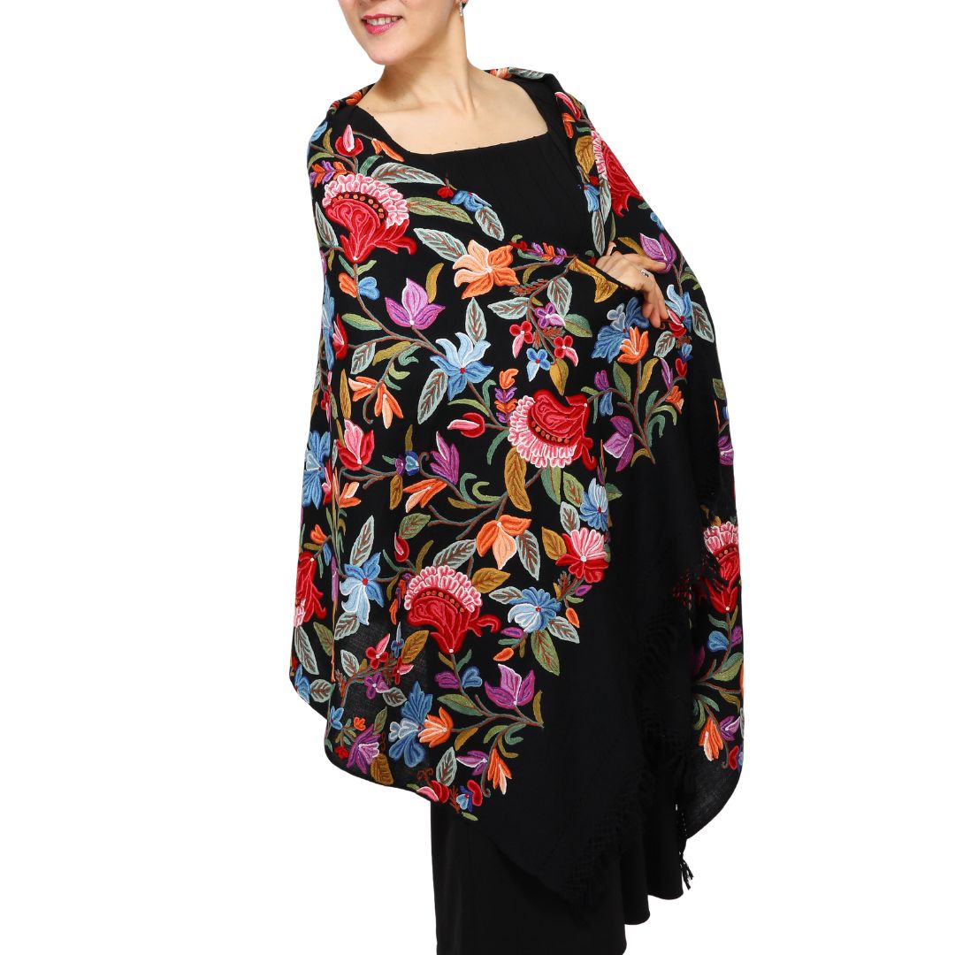 InDream アーリ 刺繍 ストール 一点もの ウール 大判 厚手 誕生日 プレゼント クリスマス ギフト 50代 60代 70代 80代 おしゃれ 秋 冬 結婚式 着物 ショール 黒