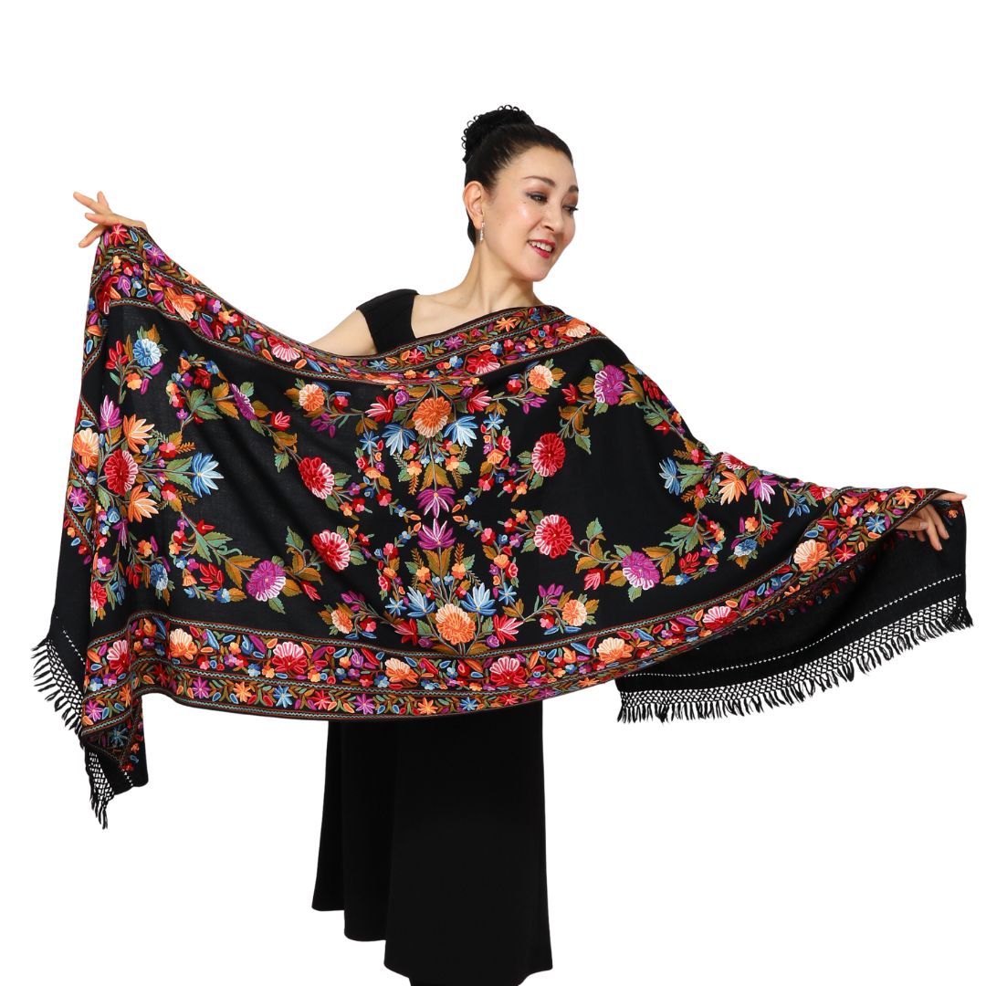 InDream アーリ 刺繍 ストール 一点もの ウール 大判 厚手 誕生日 プレゼント クリスマス ギフト 50代 60代 70代 80代 おしゃれ 秋 冬 結婚式 着物 ショール 黒