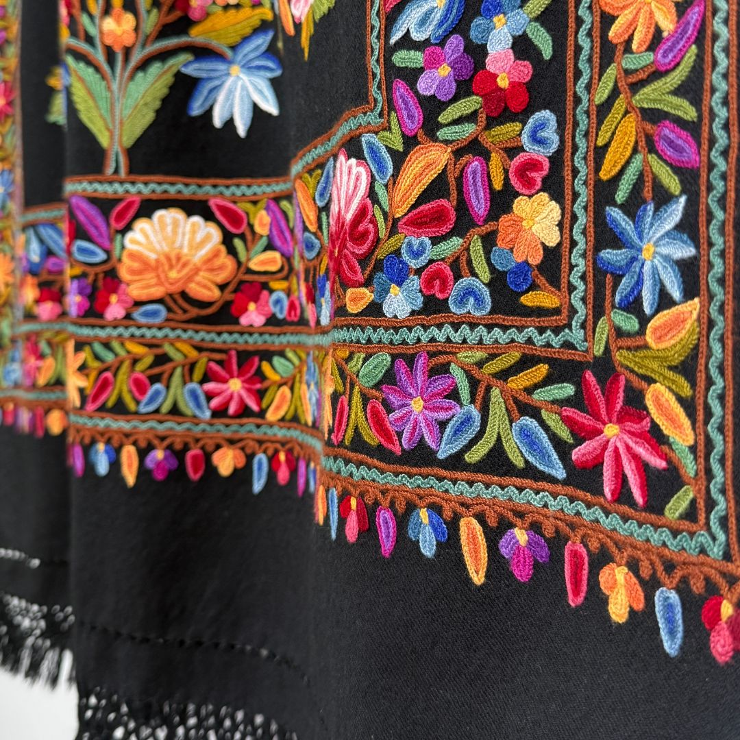 InDream アーリ 刺繍 ストール 一点もの ウール 大判 厚手 誕生日 プレゼント クリスマス ギフト 50代 60代 70代 80代 おしゃれ 秋 冬 結婚式 着物 ショール 黒