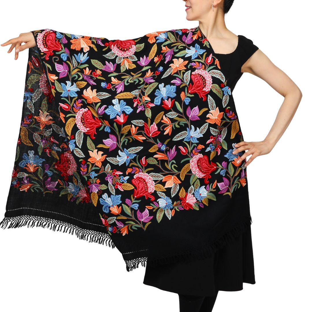 InDream アーリ 刺繍 ストール 一点もの ウール 大判 厚手 誕生日 プレゼント クリスマス ギフト 50代 60代 70代 80代 おしゃれ 秋 冬 結婚式 着物 ショール 黒