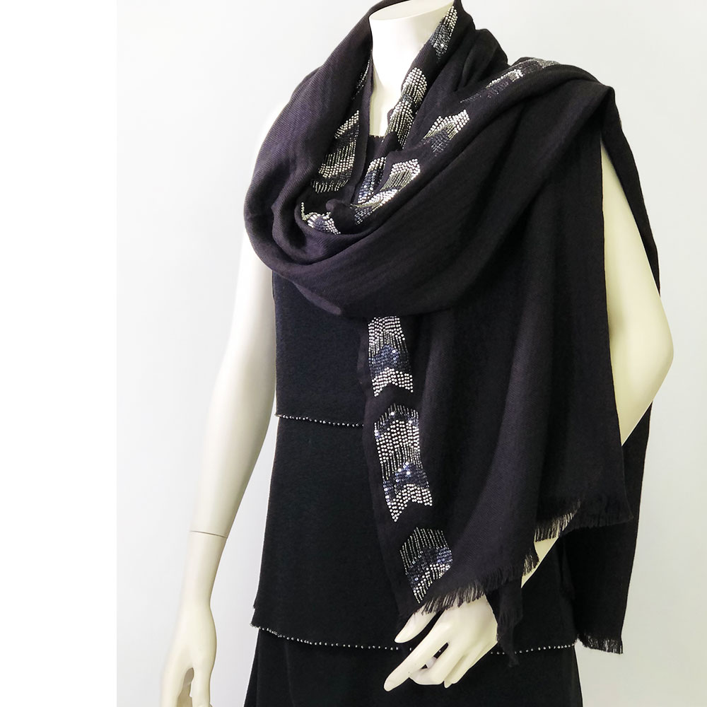PASHMA パシュマ ストール カシミヤ100％ ビーズ刺繍 黒 ブラック パーティー クリスマス ギフト おしゃれ 誕生日 プレゼント 50代 60代 70代 80代
