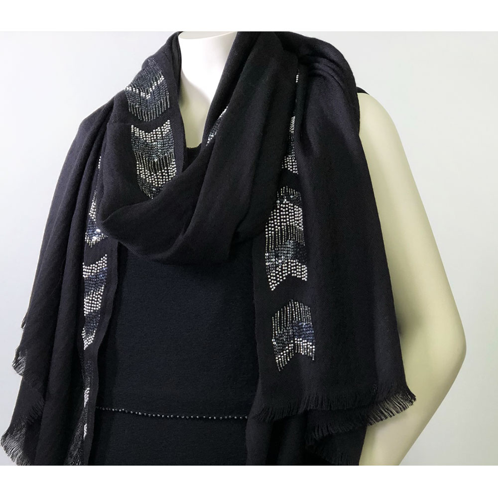 PASHMA パシュマ ストール カシミヤ100％ ビーズ刺繍 黒 ブラック パーティー クリスマス ギフト おしゃれ 誕生日 プレゼント 50代 60代 70代 80代