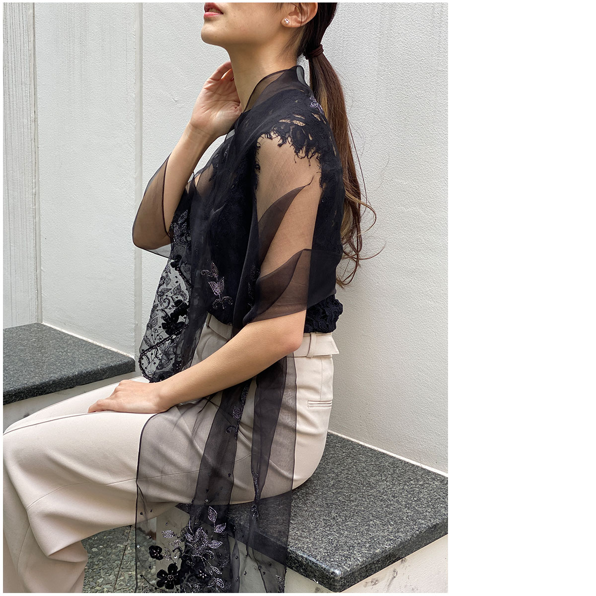 InDream シルク オーガンジー ストール 結婚式 パーティー フォーマル シルク 白/黒 春夏 30代 40代 50代 60代