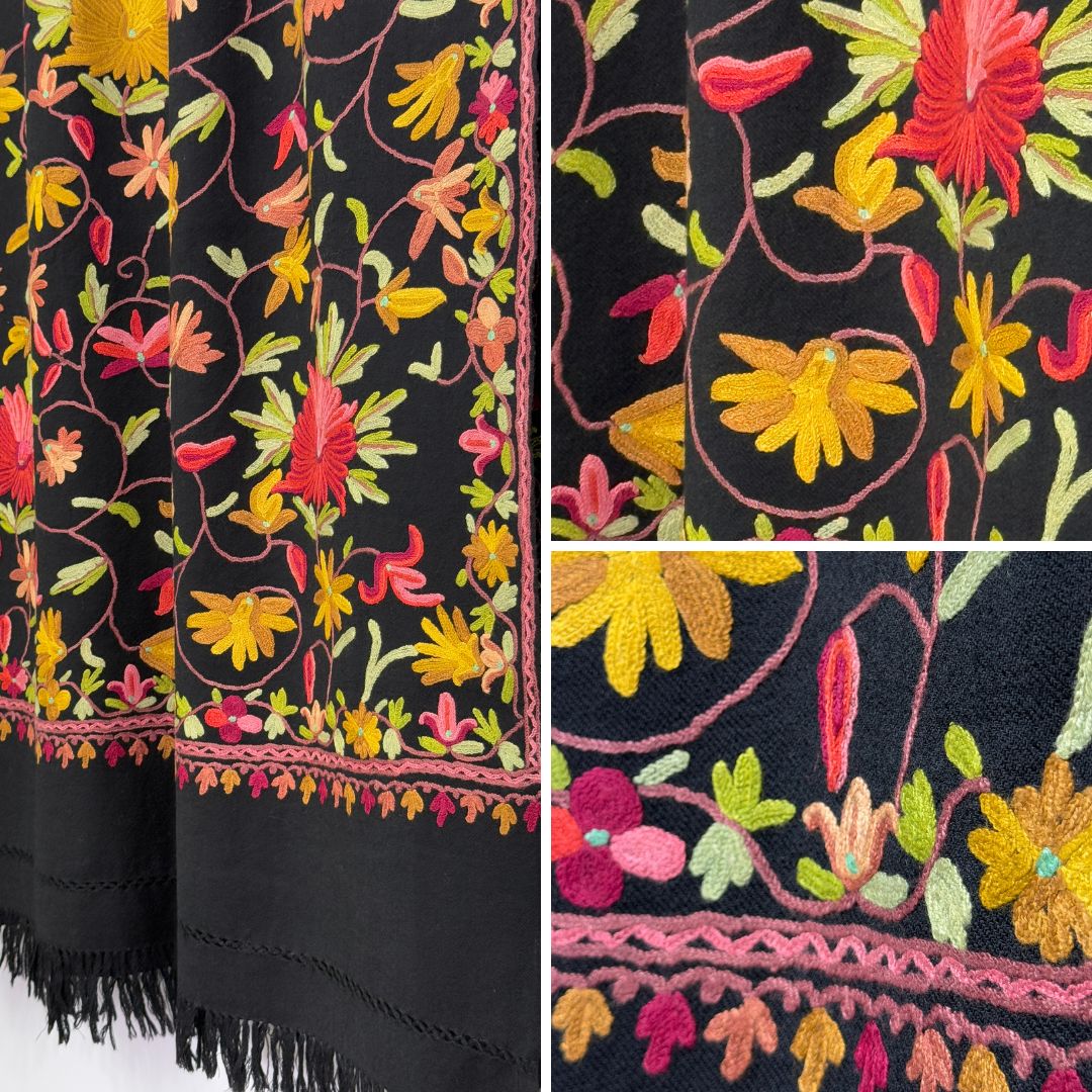 InDream アーリ刺繍ストール 黒 ブラック  黒 母の日 ギフト おしゃれ 誕生日 プレゼント 着物ショール 春 秋 冬 50代 60代 70代 80代