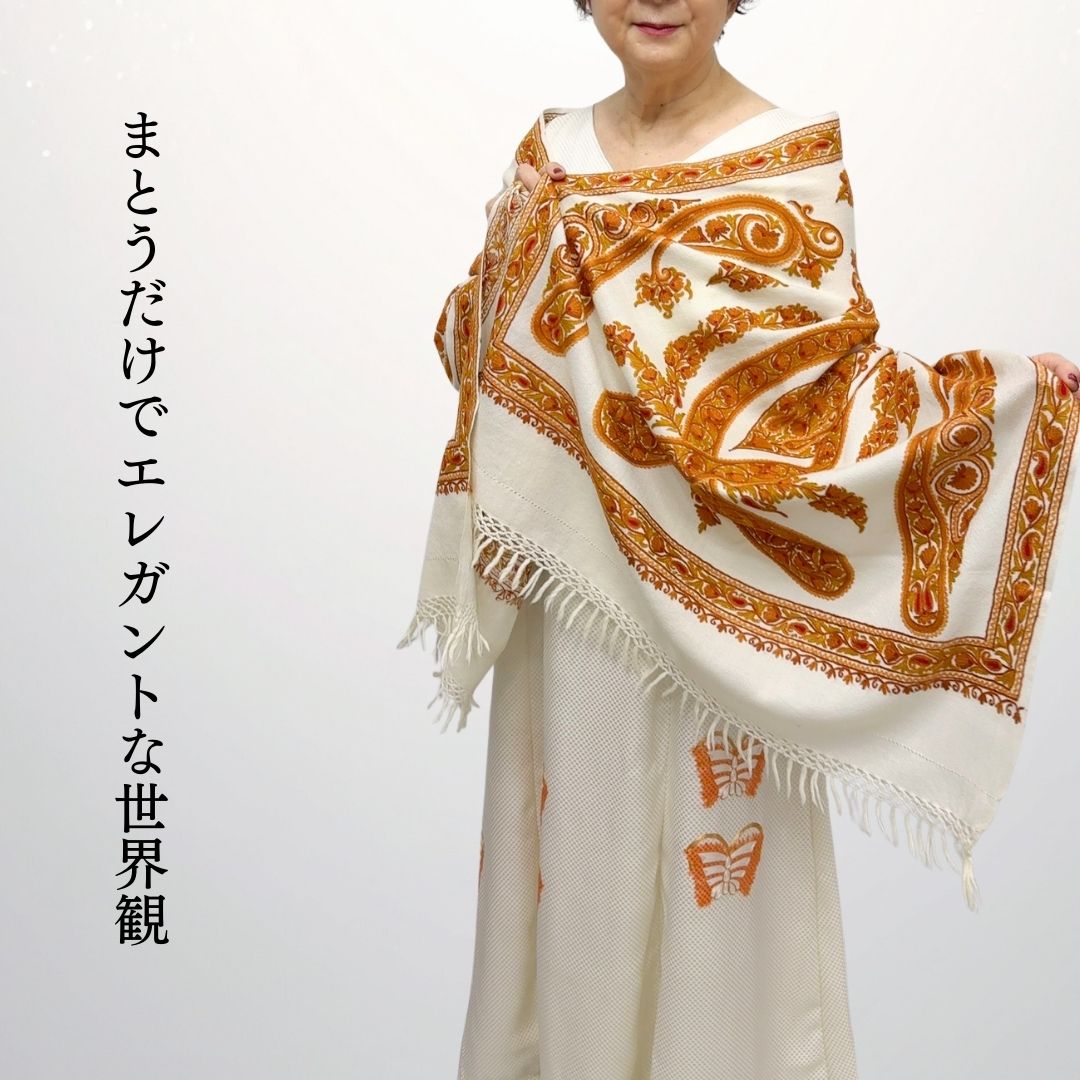 InDream アーリ刺繍ストール 白 ホワイト オレンジ レッド 母の日 ギフト おしゃれ 誕生日 プレゼント 着物ショール 春 秋 冬 50代 60代 70代 80代