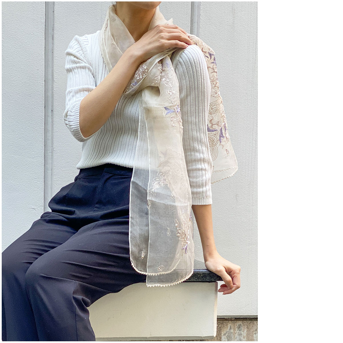 InDream シルク オーガンジー ストール スモーキーホワイト×ビジュー刺繍 古希お祝い 結婚式 パーティー 30代 40代 50代 60代