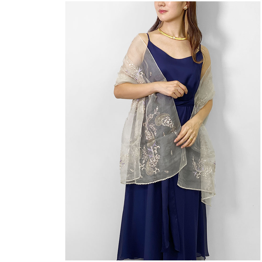 InDream シルク オーガンジー ストール スモーキーホワイト×ビジュー刺繍 古希お祝い 結婚式 パーティー 30代 40代 50代 60代