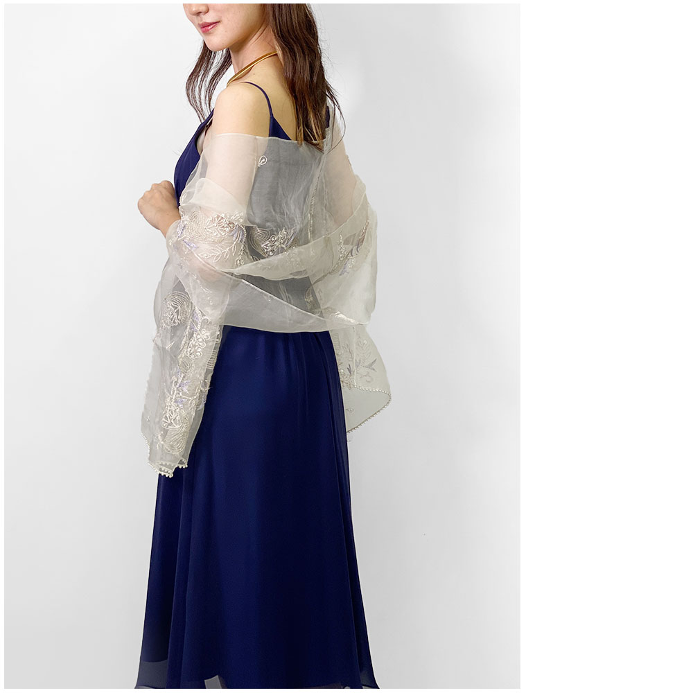 InDream シルク オーガンジー ストール スモーキーホワイト×ビジュー刺繍 古希お祝い 結婚式 パーティー 30代 40代 50代 60代