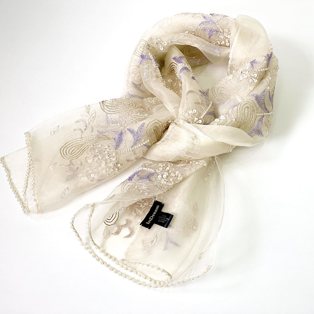 InDream シルク オーガンジー ストール スモーキーホワイト×ビジュー刺繍 古希お祝い 結婚式 パーティー 30代 40代 50代 60代