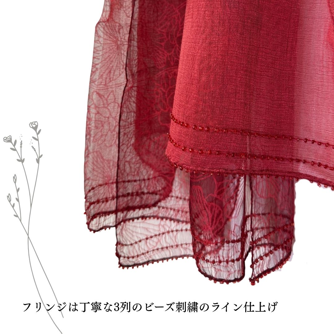 InDream シルクウール ストール オーガンジー 赤 レッド ビーズ 春 夏 秋 冬 スカーフ 大判 結婚式 パーティー ストール  誕生日 プレゼント 還暦祝い 母の日 母の日 ギフト 50代 60代 70代 80代