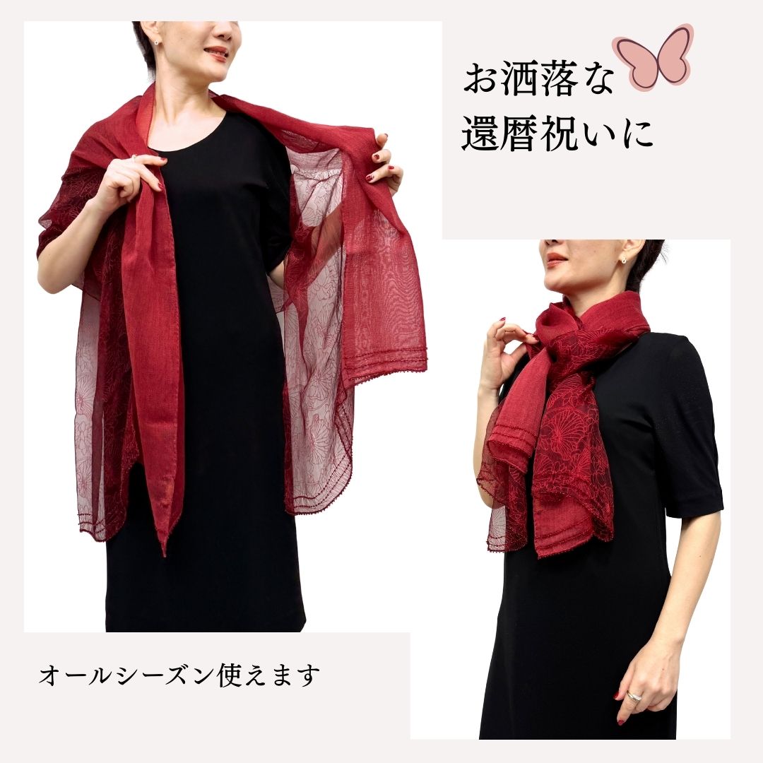 InDream シルクウール ストール オーガンジー 赤 レッド ビーズ 春 夏 秋 冬 スカーフ 大判 結婚式 パーティー ストール  誕生日 プレゼント 還暦祝い 母の日 母の日 ギフト 50代 60代 70代 80代