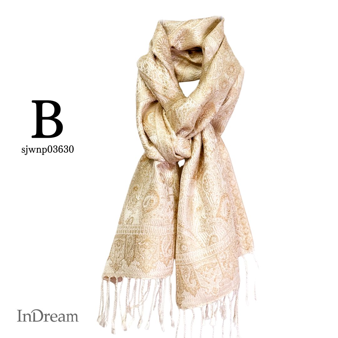 InDream ペイズリー柄 シルク ストール 小判 ［36cmx170cm］アイボリー ベージュ ゴールド 春 誕生日 プレゼント 母の日 ギフト フォーマル スカーフ レディース メンズ マフラー 女性 お祝い オフィス 春夏