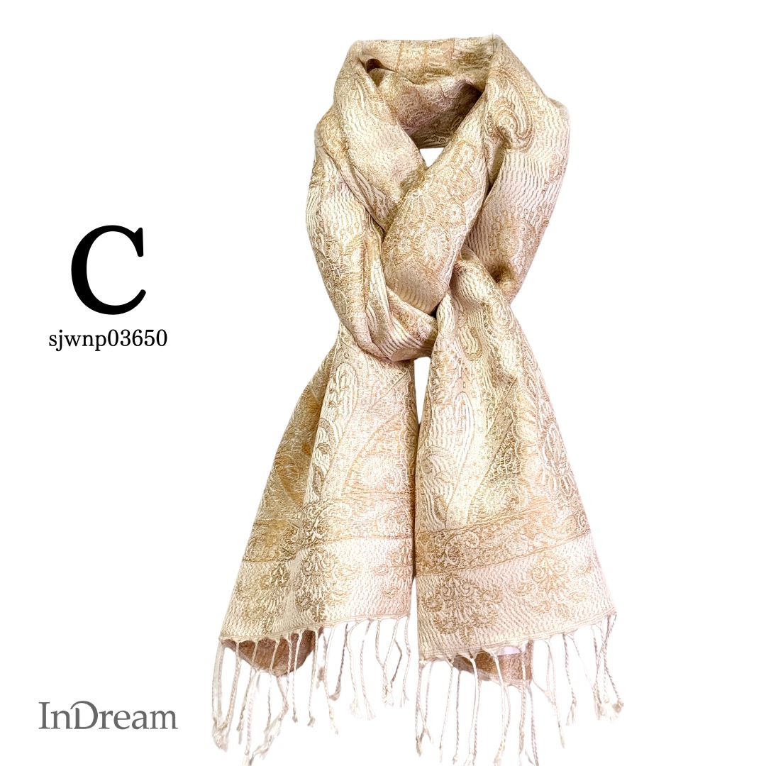 InDream ペイズリー柄 シルク ストール 小判 ［36cmx170cm］アイボリー ベージュ ゴールド 春 誕生日 プレゼント 母の日 ギフト フォーマル スカーフ レディース メンズ マフラー 女性 お祝い オフィス 春夏