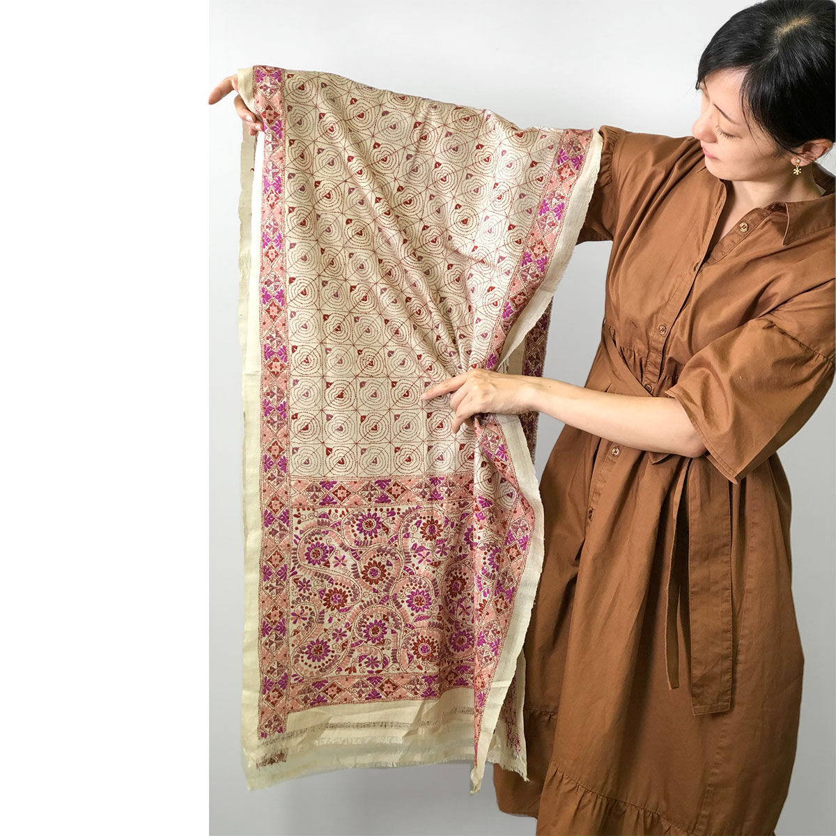 InDream カンタ 刺繍 ストール 50×200cm インド 刺し子 インテリア 茶