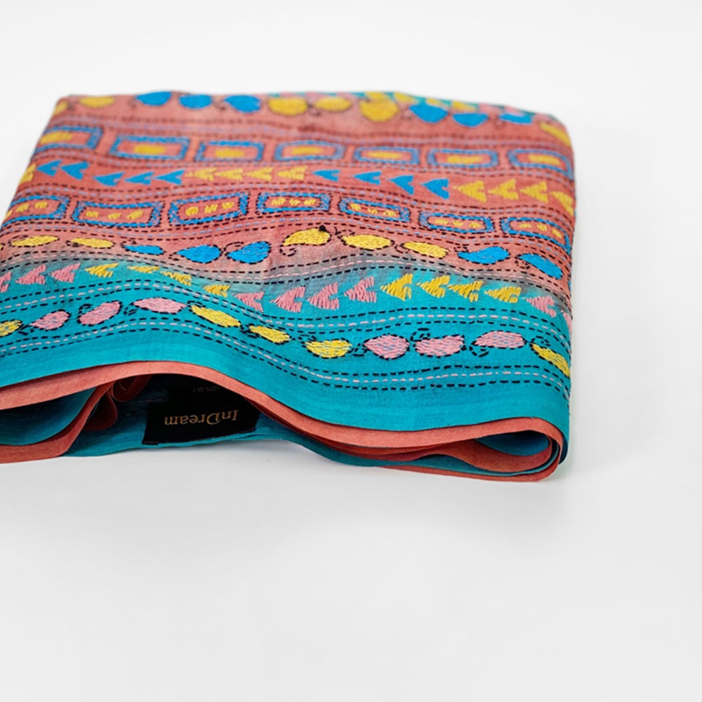 InDream カンタ 刺繍 ストール50×190cm インド 刺し子 インテリア マフラー ブルー クリスマス ギフト おしゃれ 誕生日 プレゼント 40代 50代 60代 70代