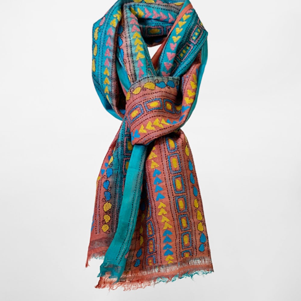 InDream カンタ 刺繍 ストール50×190cm インド 刺し子 インテリア マフラー ブルー クリスマス ギフト おしゃれ 誕生日 プレゼント 40代 50代 60代 70代