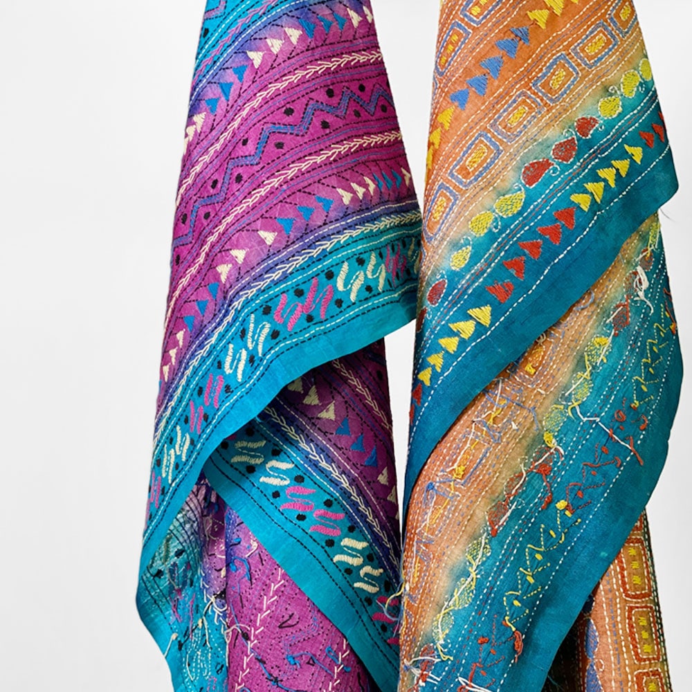 InDream カンタ 刺繍 ストール50×190cm インド 刺し子 インテリア マフラー ブルー クリスマス ギフト おしゃれ 誕生日 プレゼント 40代 50代 60代 70代