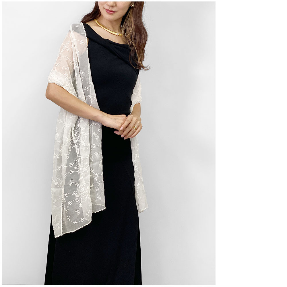 InDream クリスマス プレゼント 誕生日 プレゼントシルク シフォン ストール 薄手 刺繍 ホワイト スカーフ 結婚式 パーティー ギフト 春夏 30代 40代 50代 60代
