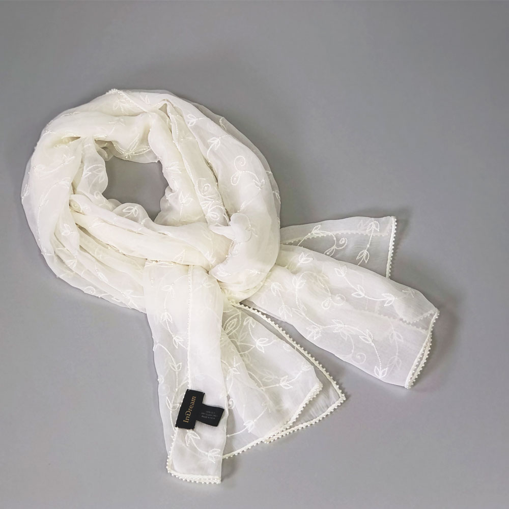 InDream クリスマス プレゼント 誕生日 プレゼントシルク シフォン ストール 薄手 刺繍 ホワイト スカーフ 結婚式 パーティー ギフト 春夏 30代 40代 50代 60代