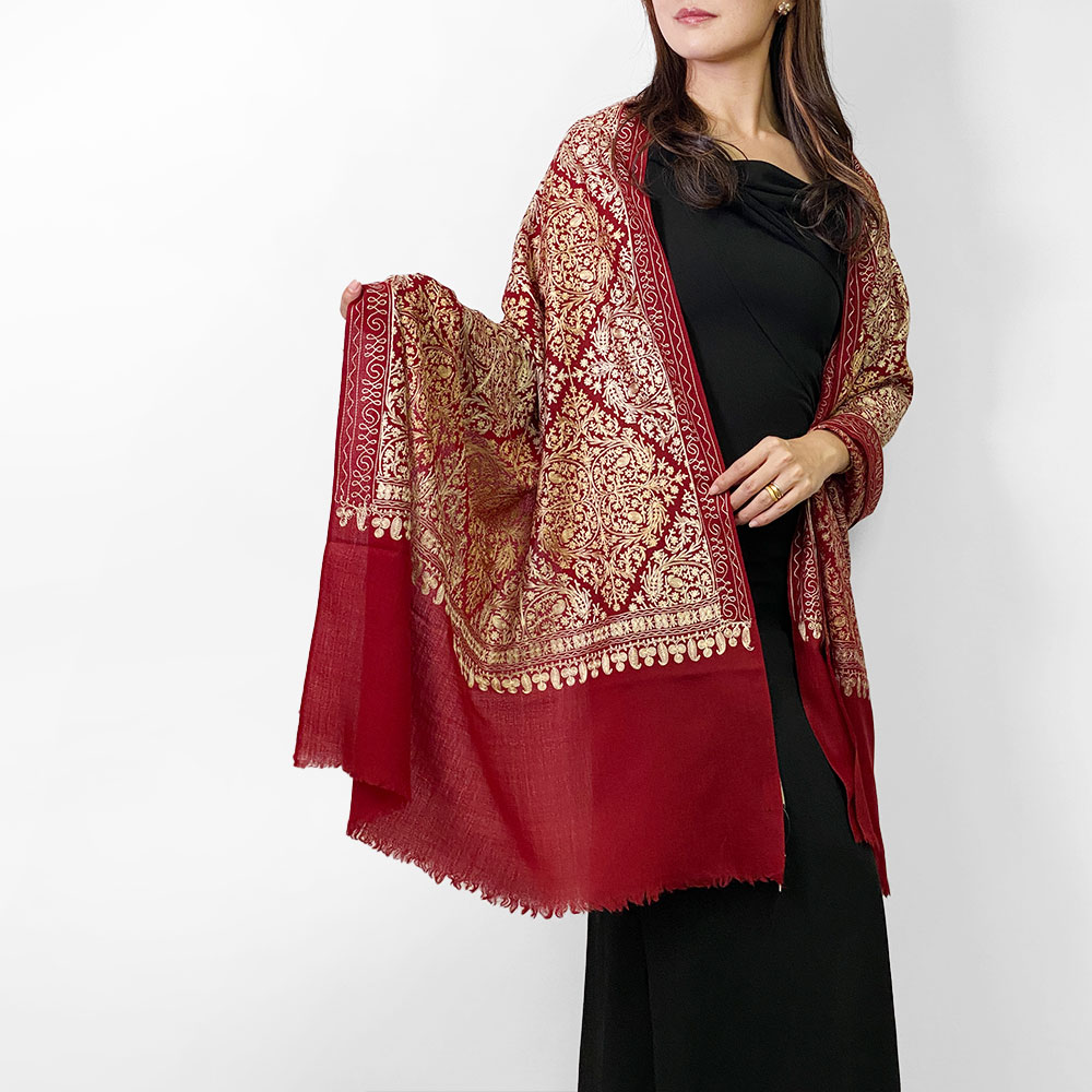 InDream 機械刺繍ストール ウール 赤 レッド 75cm巾 着物ショール 結婚式 パーティー クリスマス ギフト おしゃれ 誕生日 プレゼント 50代 60代 70代 80代