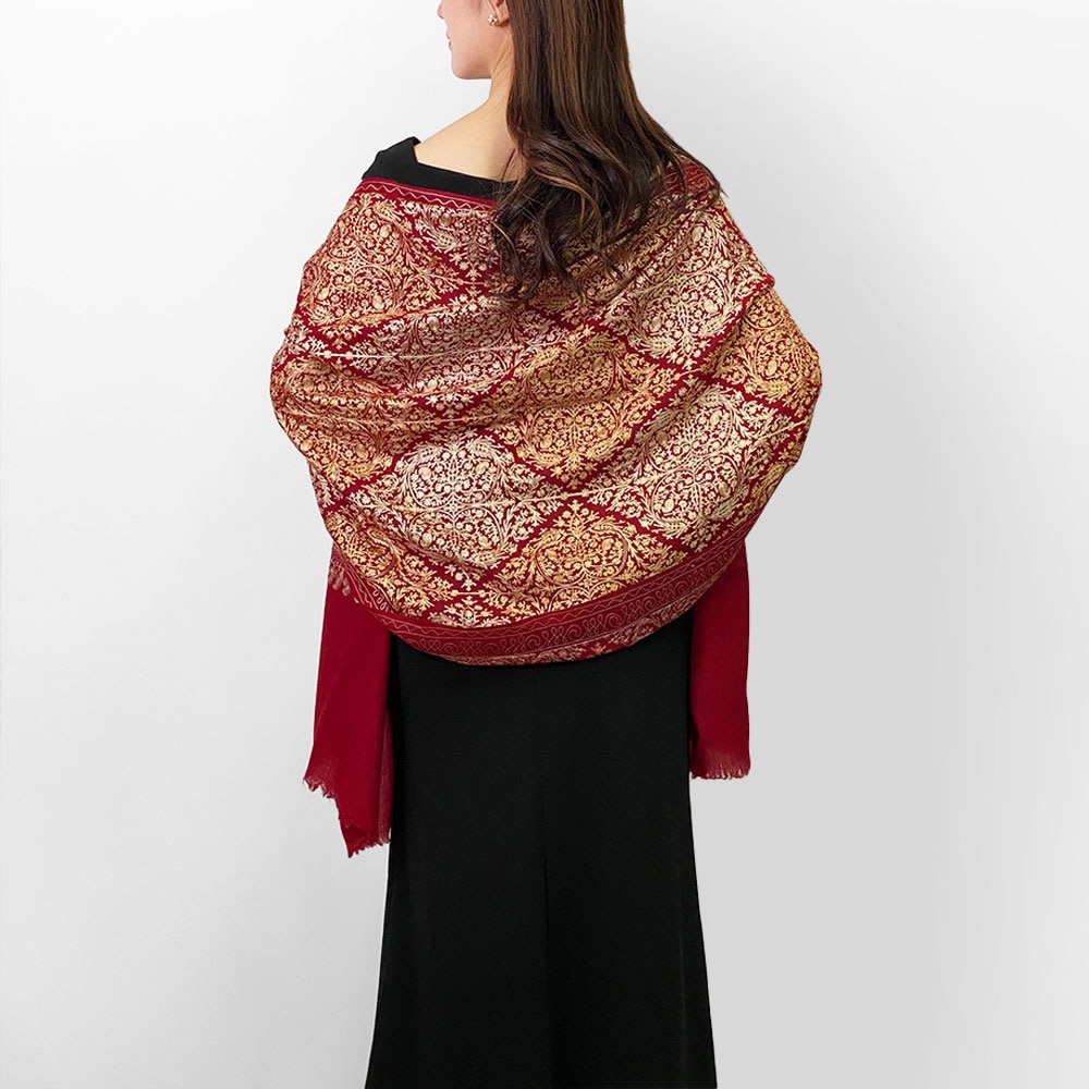 InDream 機械刺繍ストール ウール 赤 レッド 75cm巾 着物ショール 結婚式 パーティー クリスマス ギフト おしゃれ 誕生日 プレゼント 50代 60代 70代 80代
