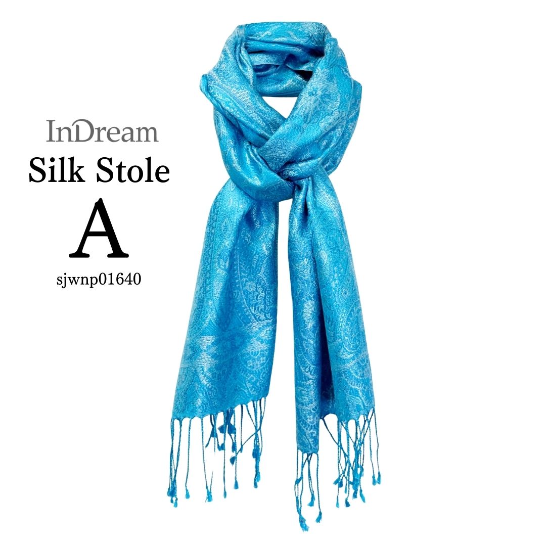 InDream ペイズリー柄 シルク ストール 大判 ［36cmx170cm］ ブルー ターコイズ 春 秋 冬 冬 誕生日 プレゼント  敬老の日 ギフト 50代 60代 70代 80代  ひざ掛け スカーフ 女性 お祝い オフィス 春夏
