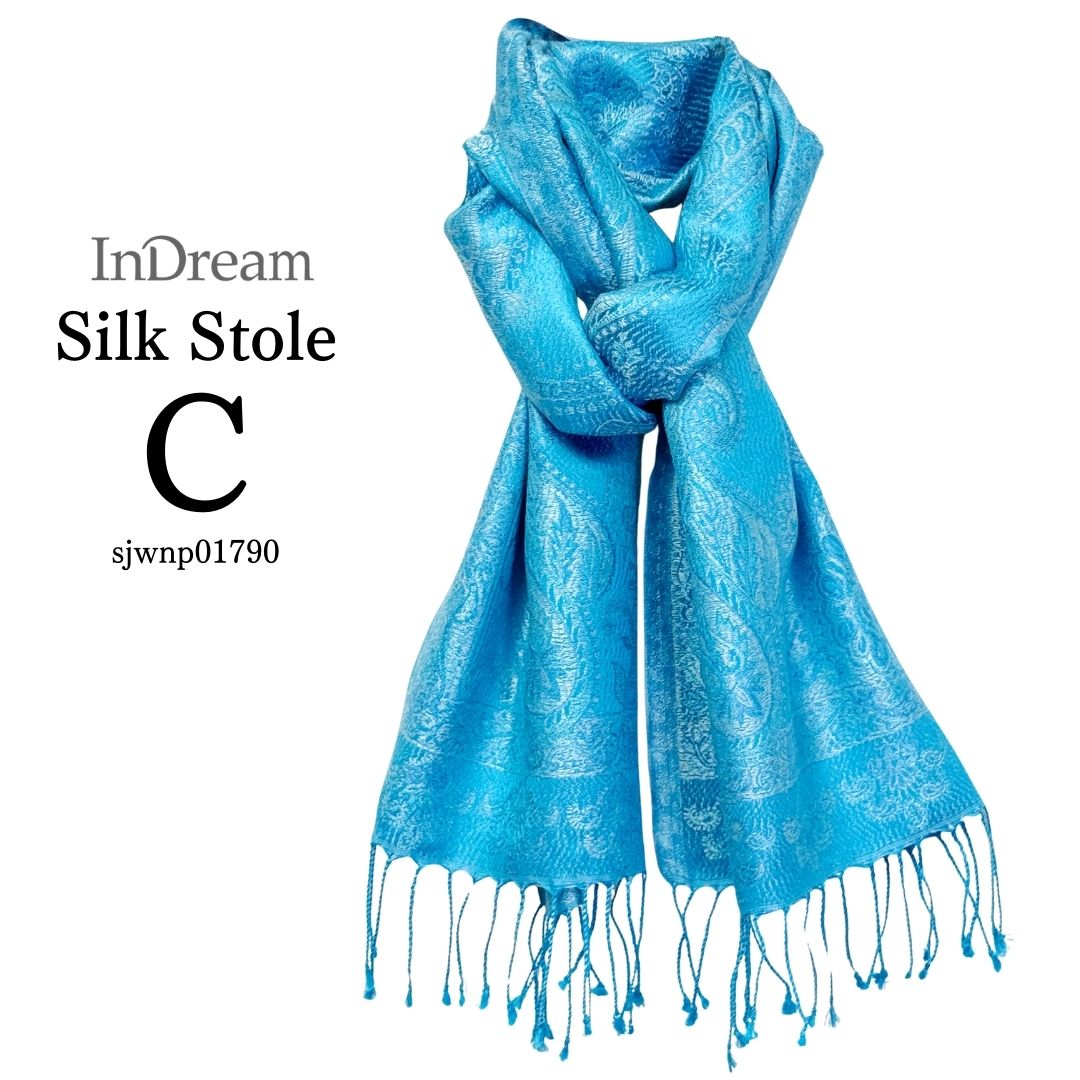 InDream ペイズリー柄 シルク ストール 大判 ［36cmx170cm］ ブルー ターコイズ 春 秋 冬 冬 誕生日 プレゼント  敬老の日 ギフト 50代 60代 70代 80代  ひざ掛け スカーフ 女性 お祝い オフィス 春夏