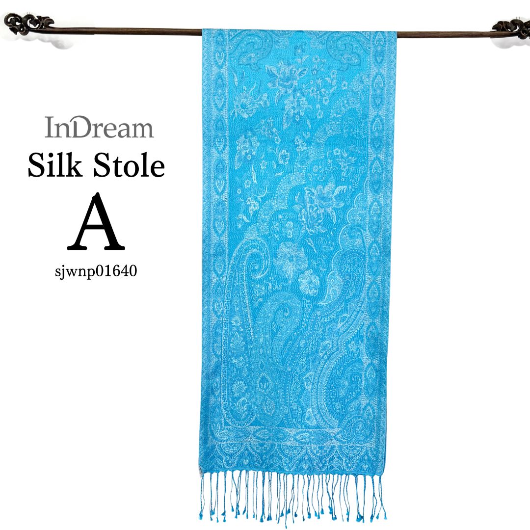 InDream ペイズリー柄 シルク ストール 大判 ［36cmx170cm］ ブルー ターコイズ 春 秋 冬 冬 誕生日 プレゼント  敬老の日 ギフト 50代 60代 70代 80代  ひざ掛け スカーフ 女性 お祝い オフィス 春夏