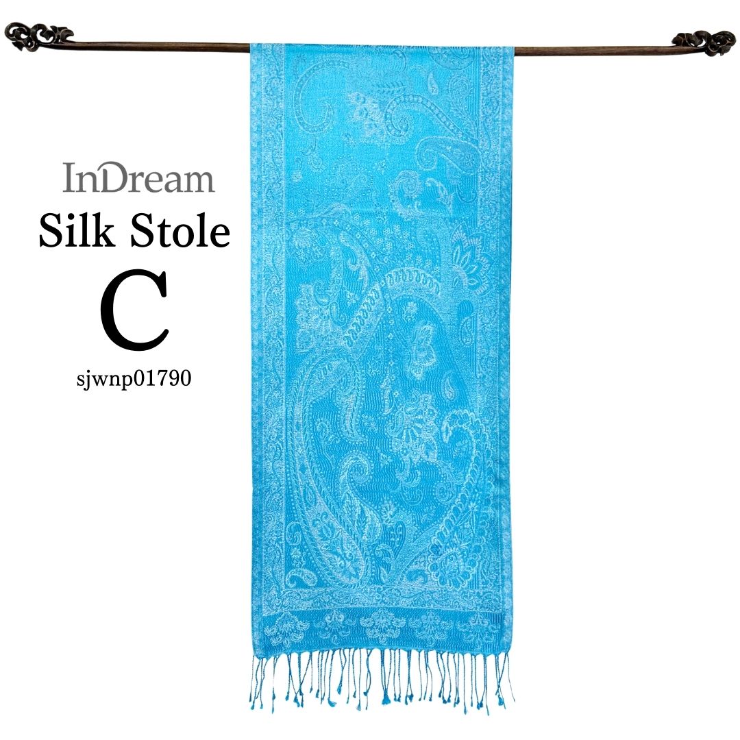 InDream ペイズリー柄 シルク ストール 大判 ［36cmx170cm］ ブルー ターコイズ 春 秋 冬 冬 誕生日 プレゼント  敬老の日 ギフト 50代 60代 70代 80代  ひざ掛け スカーフ 女性 お祝い オフィス 春夏