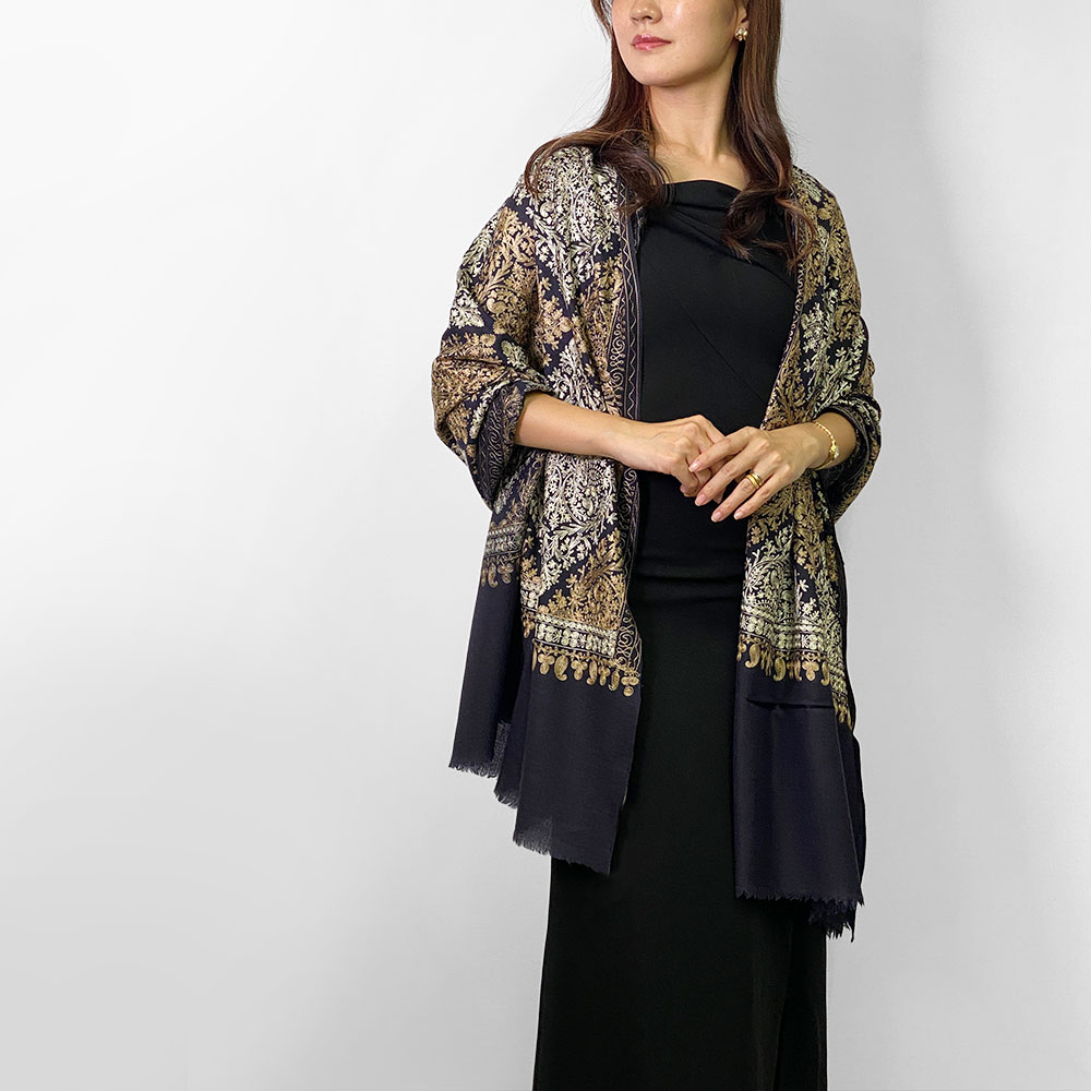 InDream 機械刺繍ストール ウール ネイビー 78cm巾 着物ショール 結婚式 パーティー 母の日 ギフト おしゃれ 誕生日 プレゼント 50代 60代 70代 80代