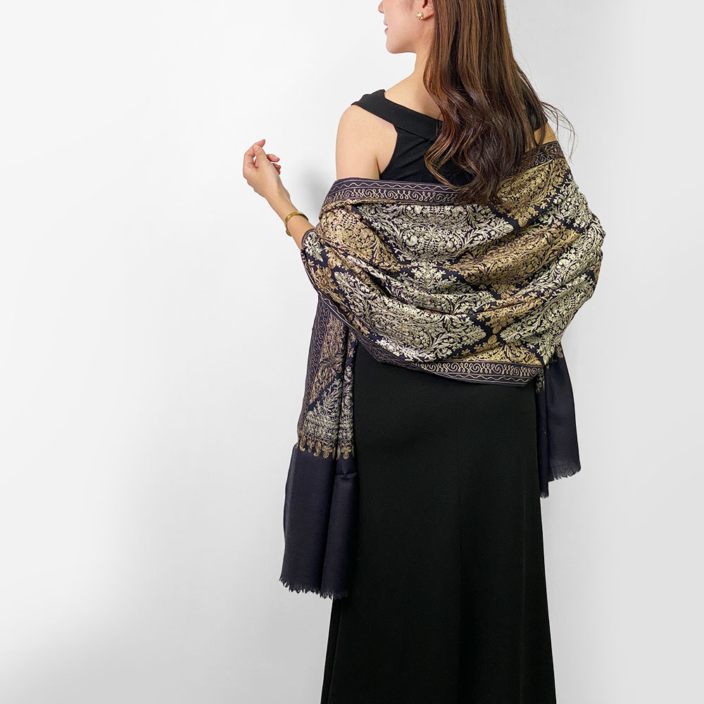 InDream 機械刺繍ストール ウール ネイビー 78cm巾 着物ショール 結婚式 パーティー 母の日 ギフト おしゃれ 誕生日 プレゼント 50代 60代 70代 80代