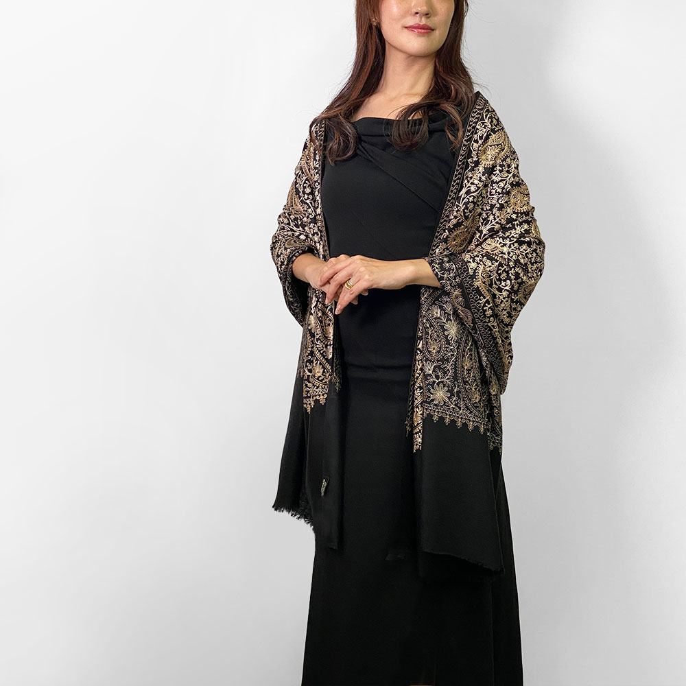 InDream 機械刺繍ストール ウール ブラック 76cm巾 着物ショール 結婚式 パーティー 母の日 ギフト おしゃれ 誕生日 プレゼント 50代 60代 70代 80代