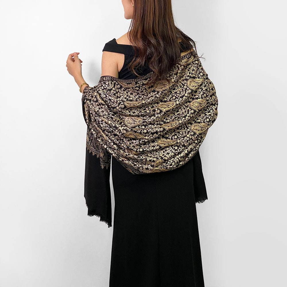 InDream 機械刺繍ストール ウール ブラック 76cm巾 着物ショール 結婚式 パーティー 母の日 ギフト おしゃれ 誕生日 プレゼント 50代 60代 70代 80代