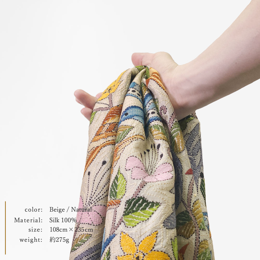 InDream カンタ 刺繍 ストール約108×235cm インド 刺し子 インテリア マフラー ホワイト ナチュラル 敬老の日 ギフト おしゃれ 誕生日 プレゼント 40代 50代 60代 70代