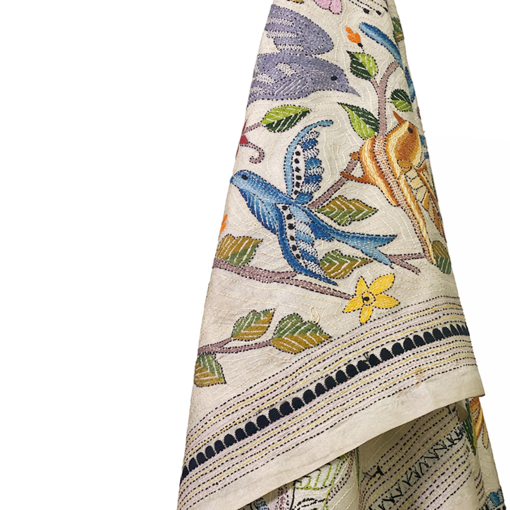 InDream カンタ 刺繍 ストール約108×235cm インド 刺し子 インテリア マフラー ホワイト ナチュラル 敬老の日 ギフト おしゃれ 誕生日 プレゼント 40代 50代 60代 70代