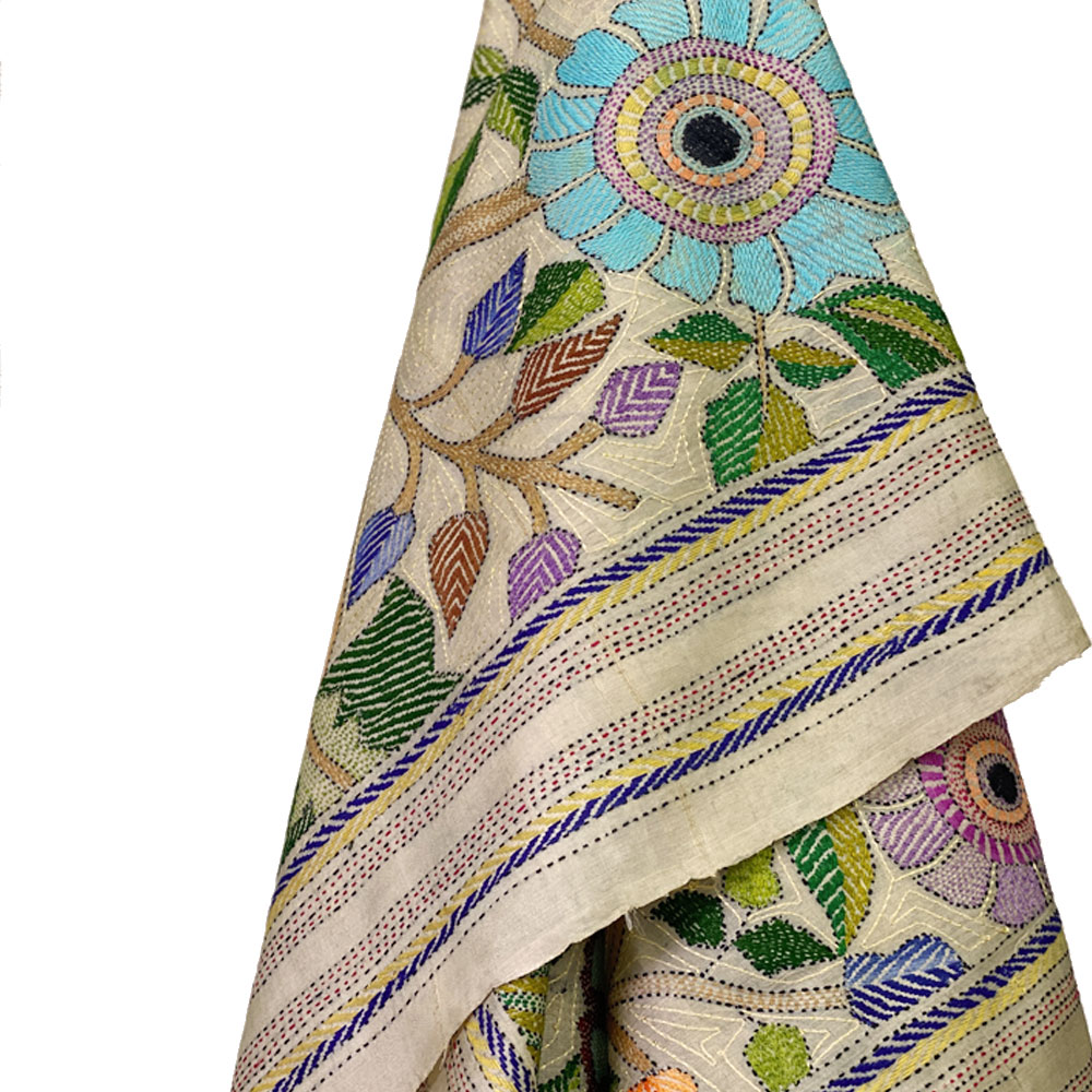InDream カンタ 刺繍 ストール 約110×255cm スカーフ シルク インド 刺し子 インテリア テーブルクロス クリスマス ギフト おしゃれ 誕生日 プレゼント 40代 50代 60代 70代