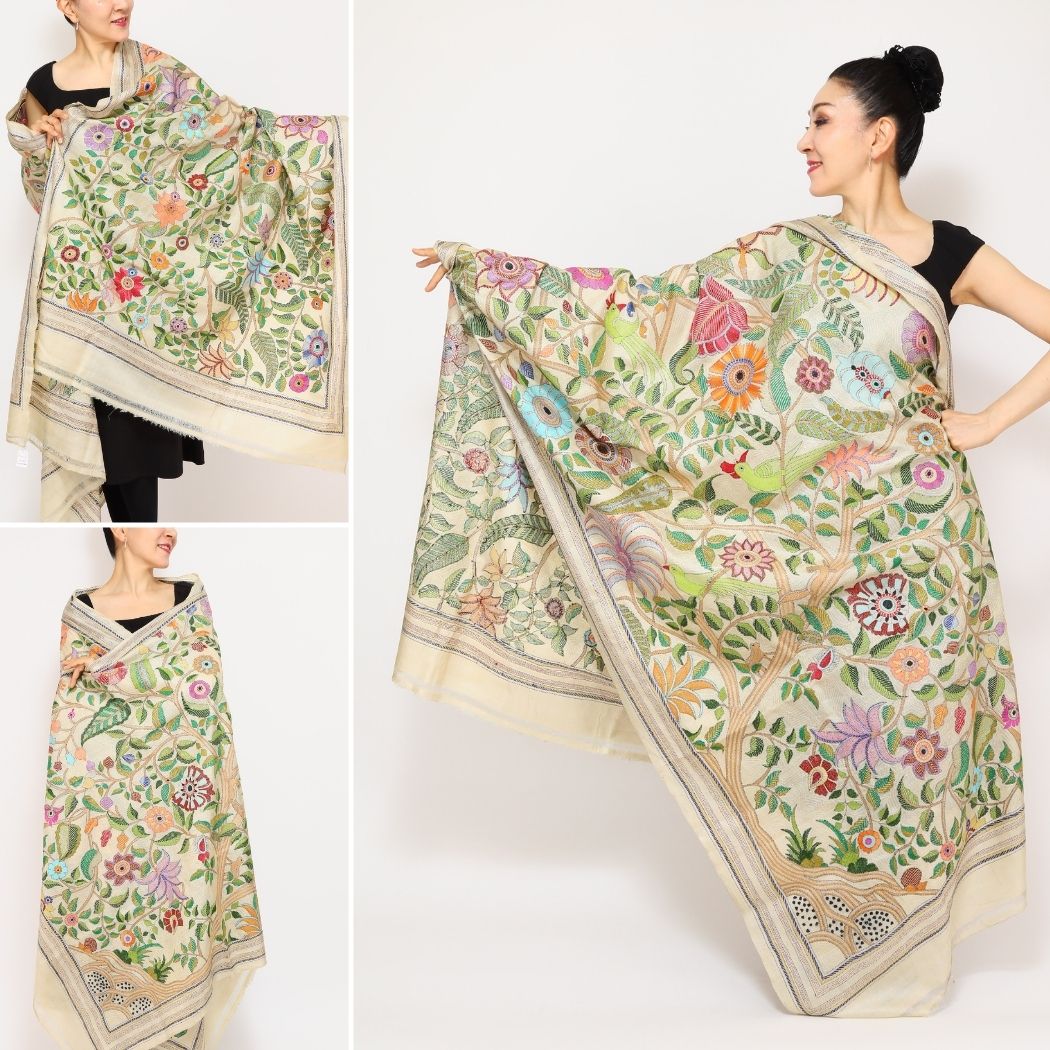 InDream カンタ 刺繍 ストール 約110×255cm スカーフ シルク インド 刺し子 インテリア テーブルクロス クリスマス ギフト おしゃれ 誕生日 プレゼント 40代 50代 60代 70代