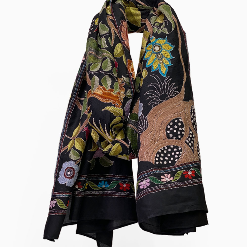 InDream カンタ 刺繍 ストール 約110×250cm スカーフ シルク インド 刺し子 インテリア テーブルクロス 母の日 ギフト おしゃれ 誕生日 プレゼント 40代 50代 60代 70代