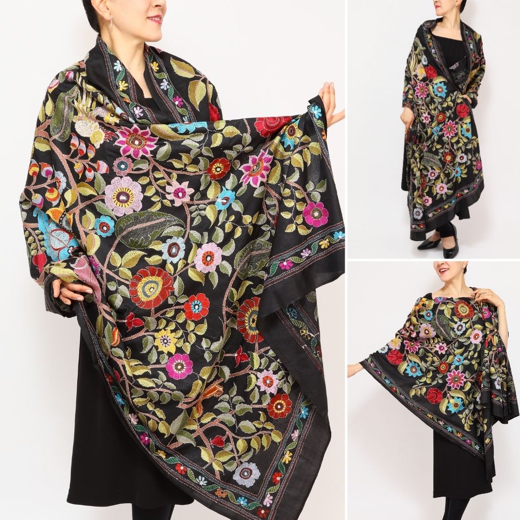InDream カンタ 刺繍 ストール 約110×250cm スカーフ シルク インド 刺し子 インテリア テーブルクロス 母の日 ギフト おしゃれ 誕生日 プレゼント 40代 50代 60代 70代