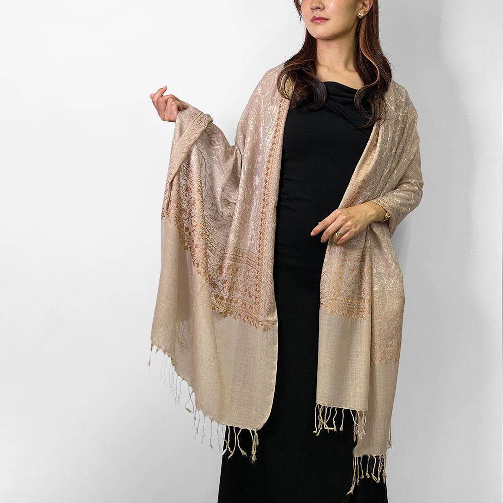 InDream 機械刺繍ストール ウール ライトベージュ 77cm巾 着物ショール 結婚式 パーティー クリスマス ギフト おしゃれ 誕生日 プレゼント 50代 60代 70代 80代