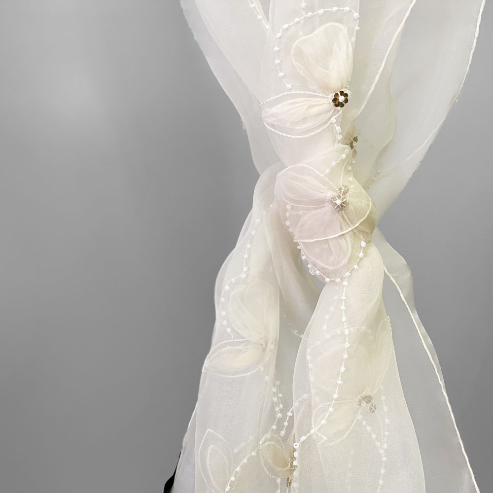 InDream シルク オーガンジー ストール 白 ビーズ 刺繍 結婚式 パーティー フォーマル 春 母の日 ギフト おしゃれ 誕生日 プレゼント 春夏 30代