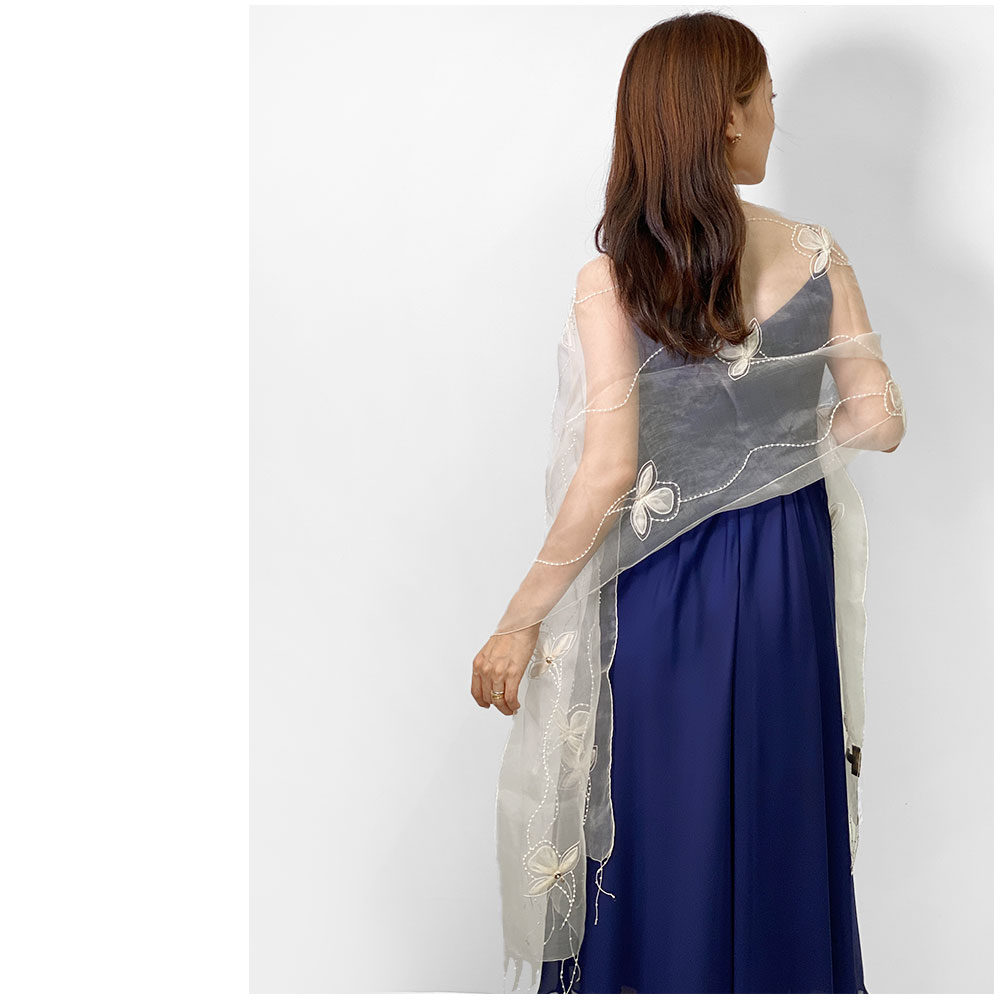 InDream シルク オーガンジー ストール 白 ビーズ 刺繍 結婚式 パーティー フォーマル 春 母の日 ギフト おしゃれ 誕生日 プレゼント 春夏 30代