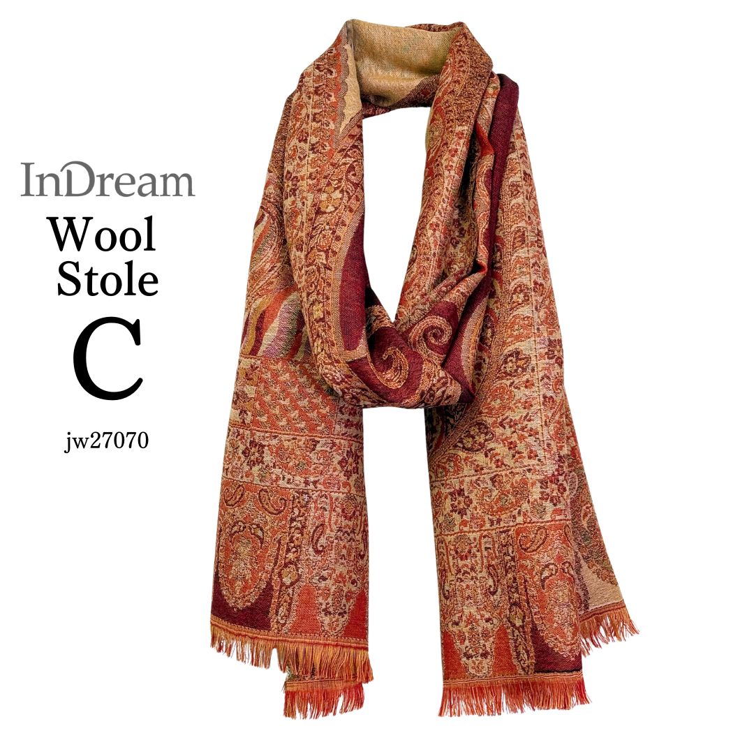 InDream ペイズリー柄 ウール ストール 大判 ［72cmx206cm］ブラウン 赤 ひざ掛け マフラ? 春 秋 冬 誕生日 プレゼント クリスマス ギフト 50代 60代 70代 80代 おしゃれ 着物 ショール インテリア